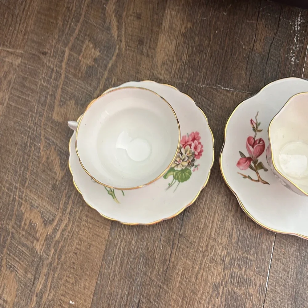 Lefton Bone China Teacup Saucer Sets Made in England Floral Gold Trim 2 Pairs